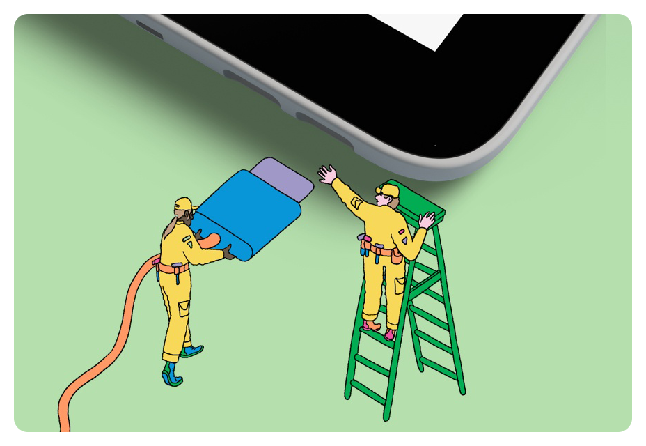 Illustration of two characters connecting a usbc cable to a device, Wacom One Medium Graphics Tablet